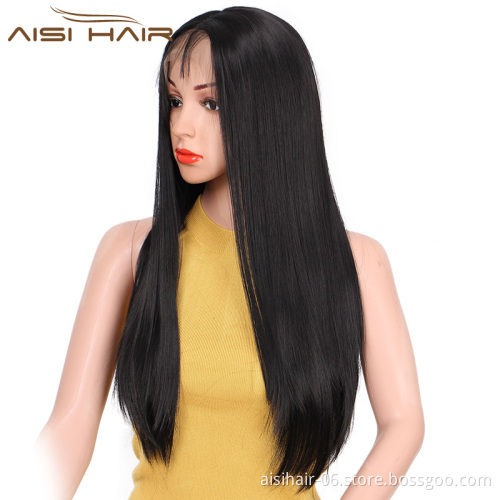 Aisi Hair Top Quality Natural Black Long Straight Synthetic Lace Front Wigs With Baby Hair For Black Women